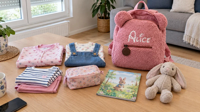 Sac à dos ourson personnalisé ouvert à côté des affaires d'un enfant pour une nuit