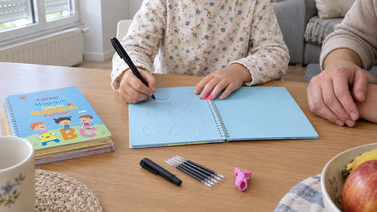 Enfant qui trace dans un cahier magique d'écriture avec son stylo, un adulte assis à côté