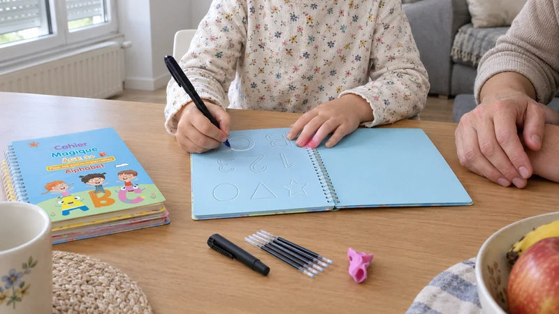 Enfant qui trace dans un cahier magique d'écriture avec son stylo, un adulte assis à côté