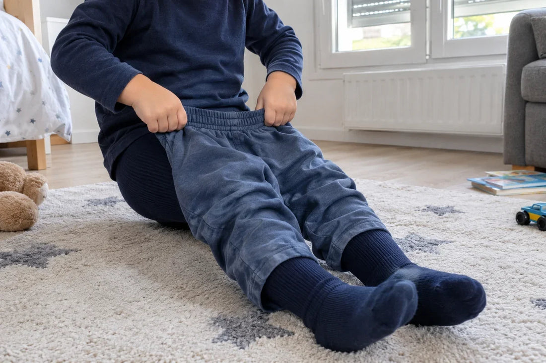 Enfant habillé assis sur un tapis qui remonte seul son pantalon, une étape de l'apprentissage de la propreté