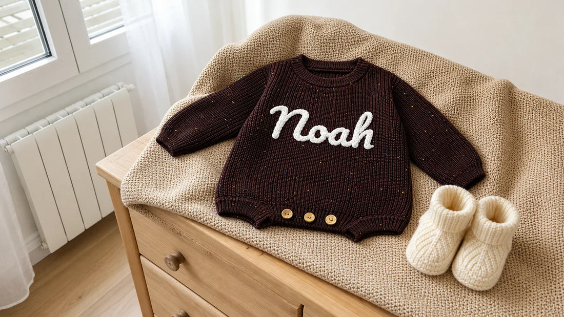 Barboteuse pour bébé garçon en tricot moucheté avec prénom brodé main