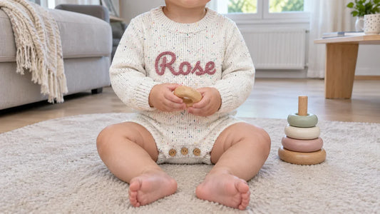 Bébé portant une barboteuse personnalisée en tricot avec prénom brodé