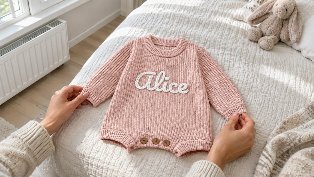Barboteuse beige en tricot de coton avec prénom brodé sur le torse posée dans la chambre