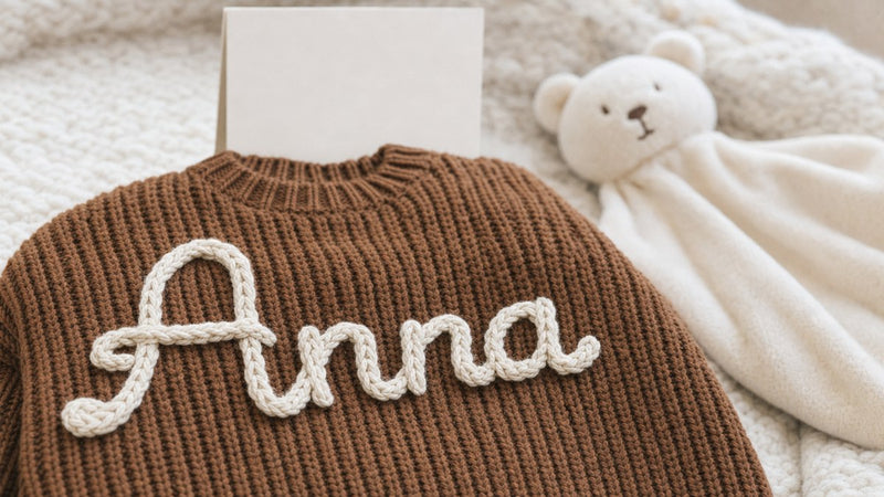 Pull bébé chocolat en grosse maille, prénom Anna brodé à la main au cordon crème, à côté d'un doudou ourson