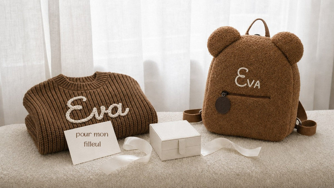 Cadeau personnalisé de marraine pour son filleul avec prénom brodé