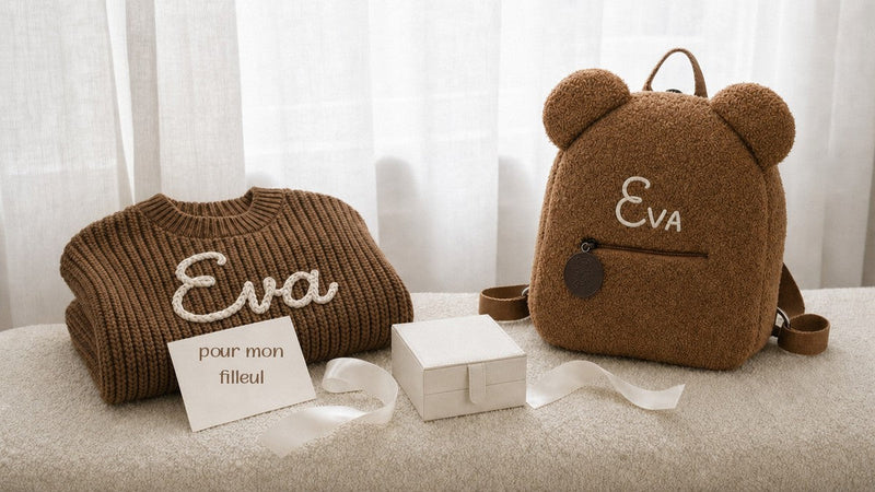 Cadeau personnalisé de marraine pour son filleul avec prénom brodé