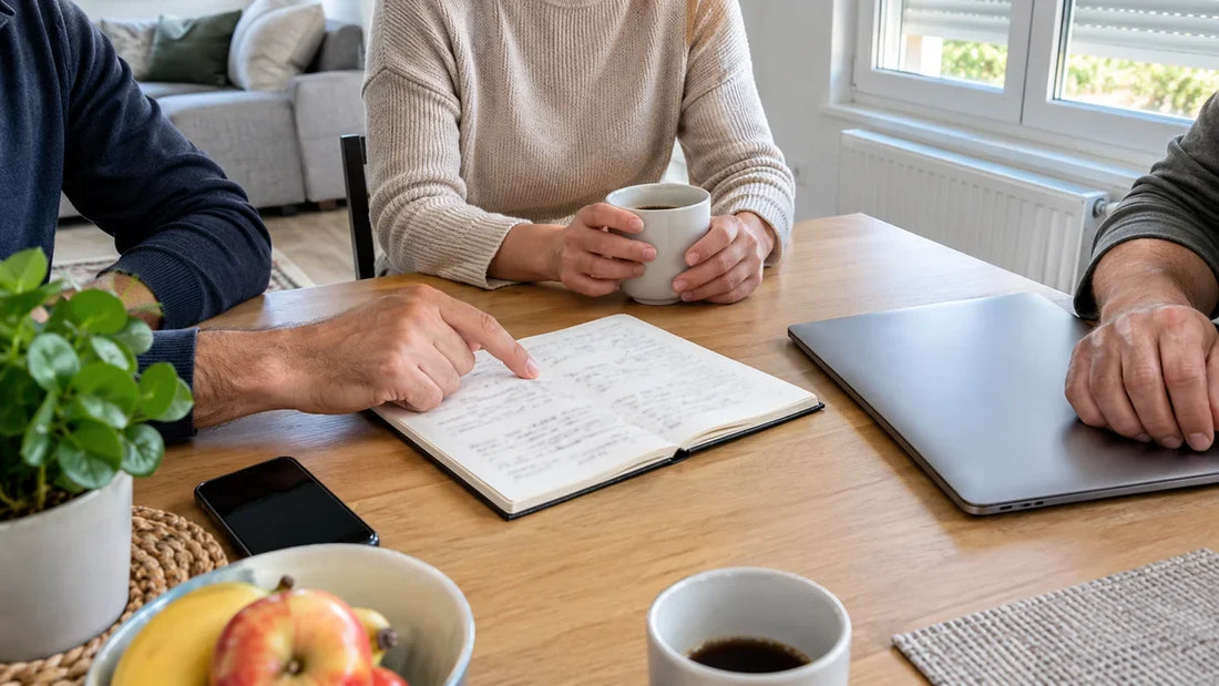Trois proches autour d'une table qui préparent un cadeau personnalisé commun