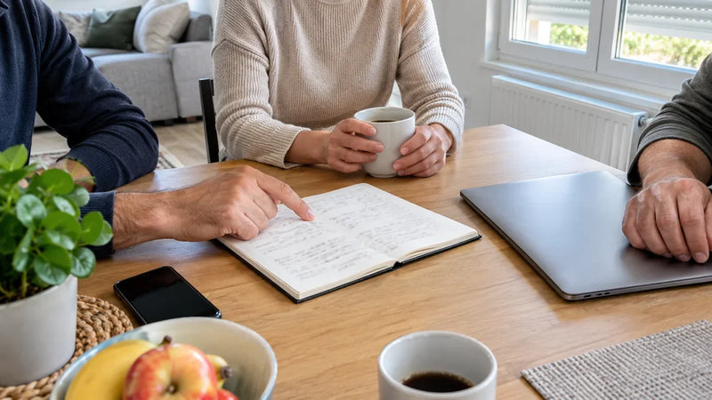 Trois proches autour d'une table qui préparent un cadeau personnalisé commun