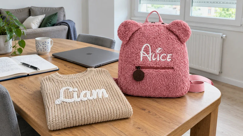 Pull et sac à dos brodés au prénom sur une table, à côté d'un carnet de préparation