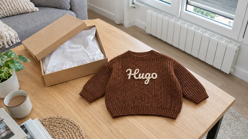 Pull bébé brodé au prénom posé à côté d'une boîte souvenir