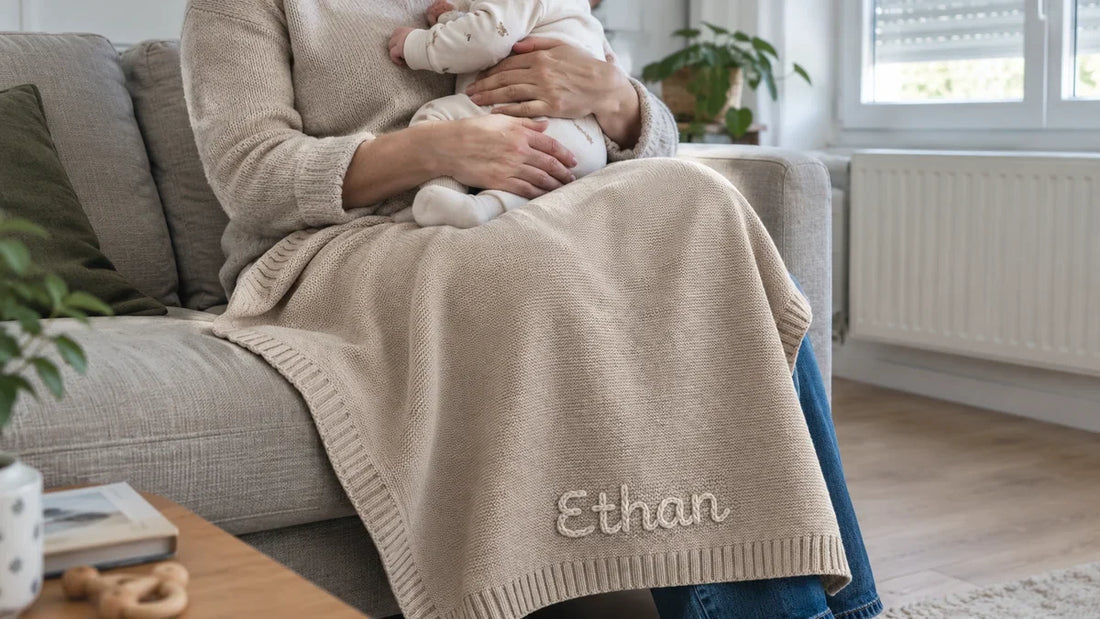 Couverture bébé personnalisée en tricot sur les genoux d'un parent qui tient son bébé, prénom brodé
