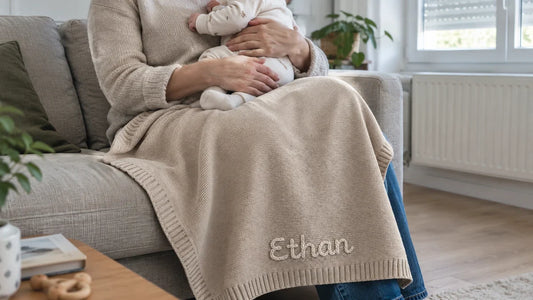 Couverture bébé personnalisée en tricot sur les genoux d'un parent qui tient son bébé, prénom brodé