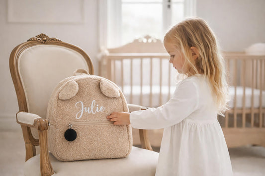 Enfant avec un sac à dos personnalisé à son prénom