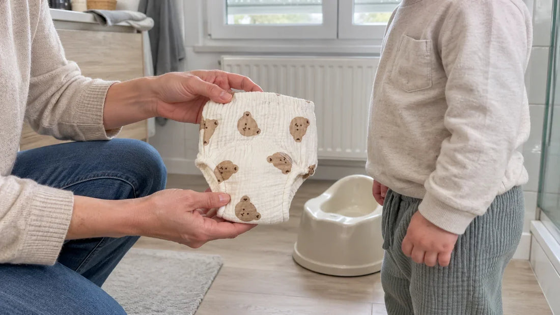 Un parent présente une culotte d'apprentissage en gaze de coton à un enfant habillé, dans la salle de bain