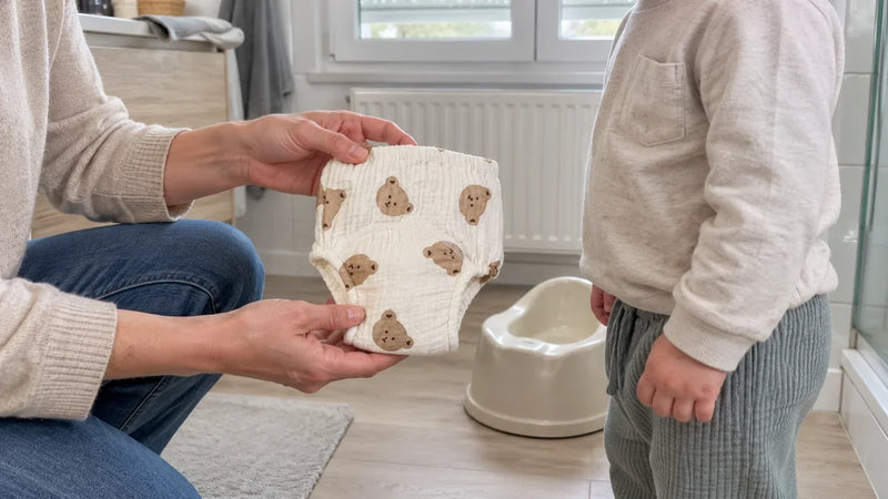 Un parent présente une culotte d'apprentissage en gaze de coton à un enfant habillé, dans la salle de bain