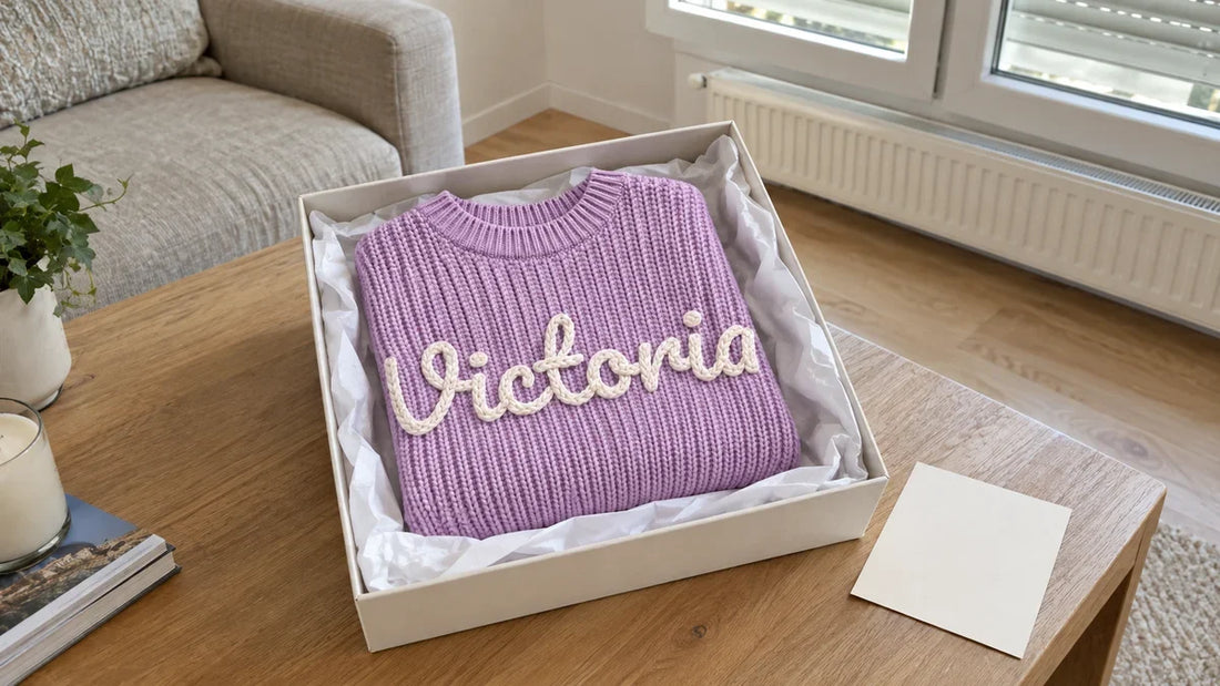Pull bébé brodé au prénom dans une boîte cadeau ouverte, une carte à côté