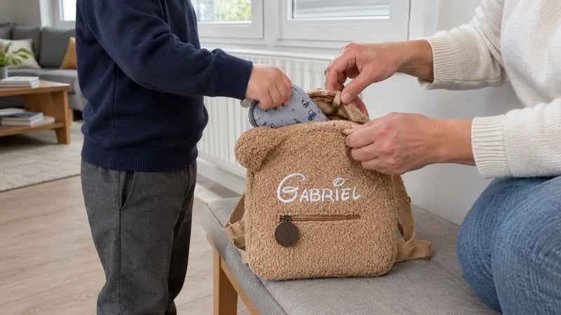 Un parent tient le sac à dos ourson ouvert pendant que l'enfant y range sa pochette