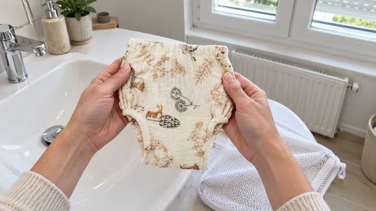 Mains d'un adulte tenant une culotte d'apprentissage propre au-dessus d'un lavabo, filet de lavage à côté