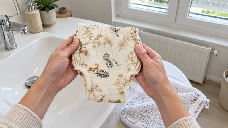 Mains d'un adulte tenant une culotte d'apprentissage propre au-dessus d'un lavabo, filet de lavage à côté