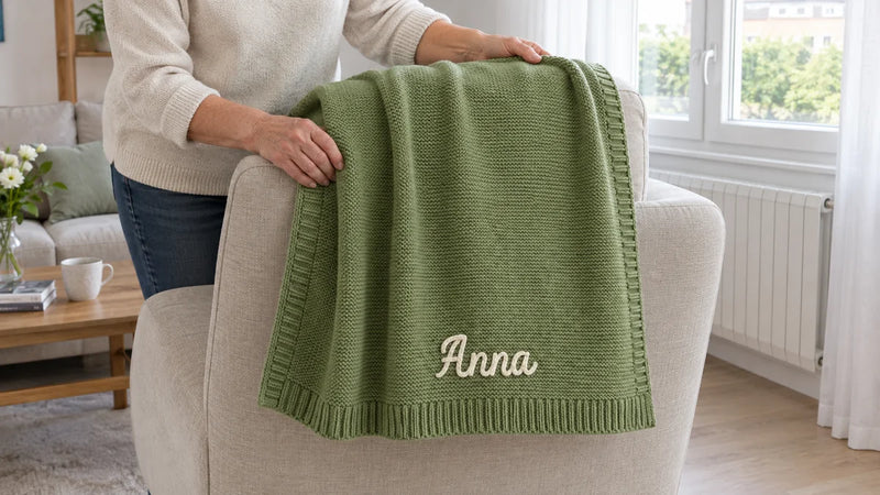 Plaid bébé naissance en tricot de coton doux avec prénom brodé plié sur un fauteuil