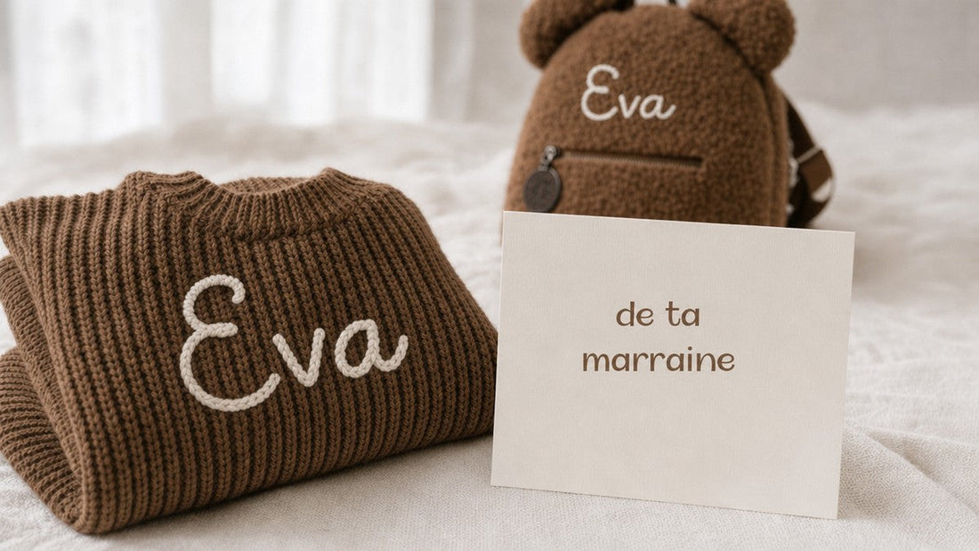 Pull et sac à dos brodés au prénom, avec une carte « de ta marraine »