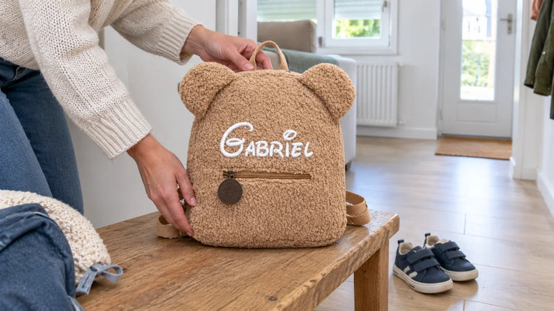 Sac à dos ourson personnalisé posé sur un banc en bois dans une entrée lumineuse