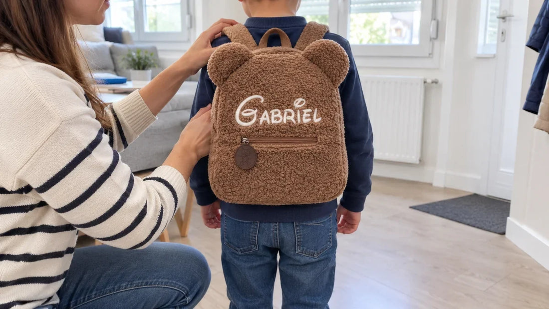 Sac à dos enfant personnalisé marron avec prénom brodé et oreilles d'ourson posé dans une entrée