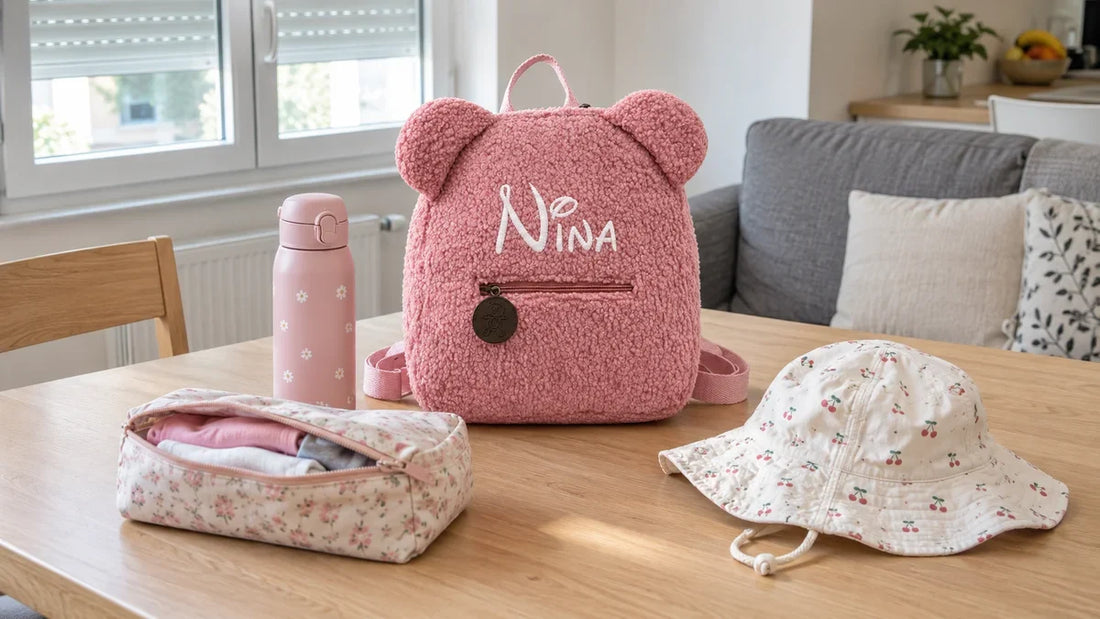 Sac à dos ourson brodé avec gourde, trousse de rechange et bob pour le centre de loisirs