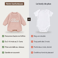 Notre barboteuse au prenom brode face a un body blanc de plus