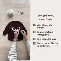 Les quatre etapes de la commande, et deux mains qui brodent un prenom