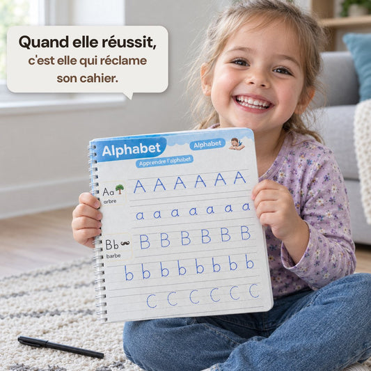 Une enfant montre la page de lettres qu'elle vient de tracer