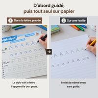 La main guidée dans la rainure, puis la même lettre sur une feuille