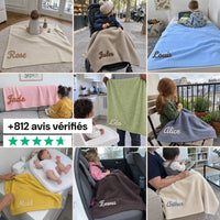 Neuf photos de clientes avec leur couverture brodee, et la note moyenne des avis verifies