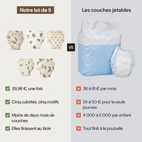 Le lot de cinq culottes face au paquet de couches jetables, et ce que chacun coute