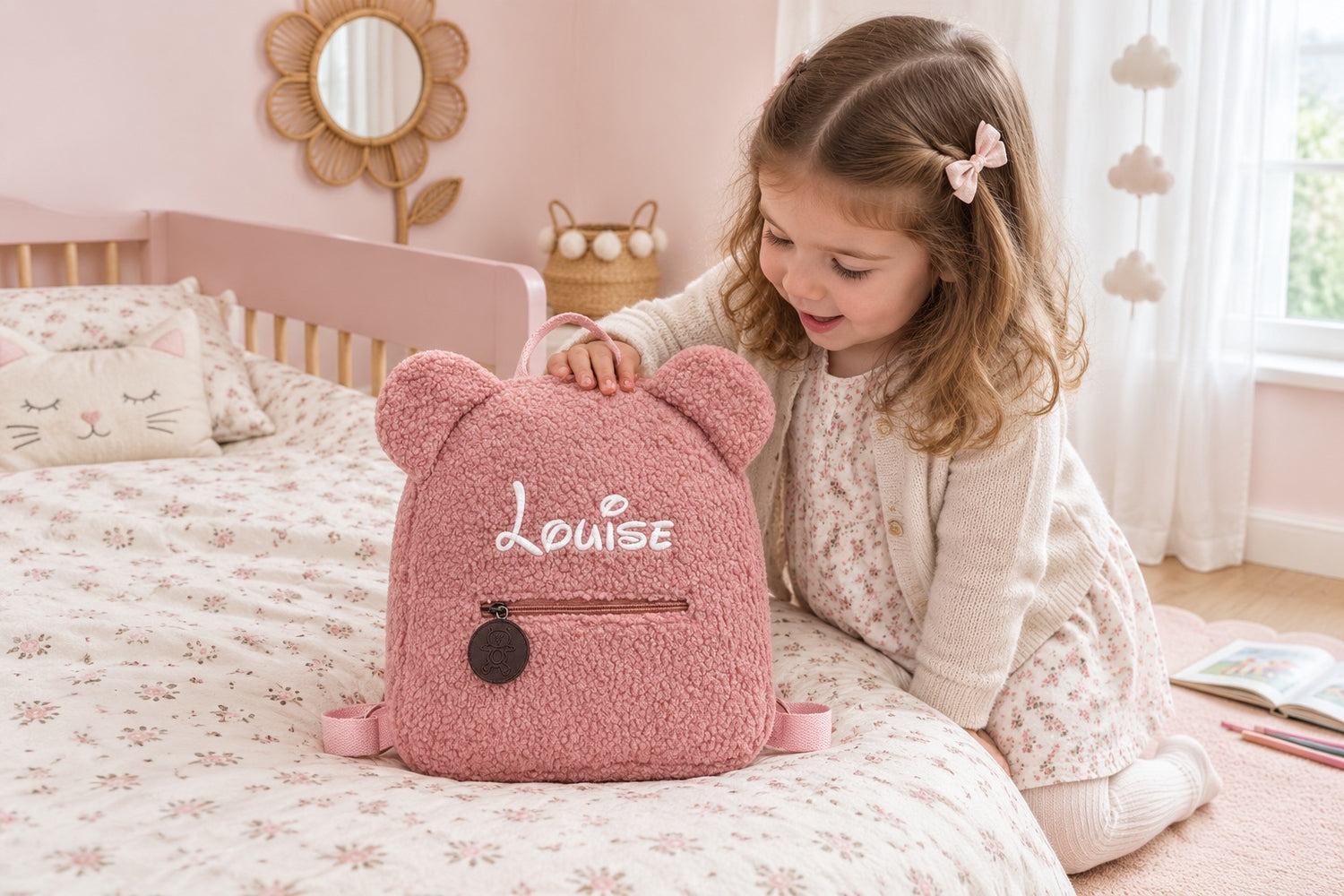 Sac à dos ourson rose avec le prénom Louise brodé, posé sur le lit d'une chambre d'enfant