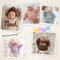 Collage de cinq bébés portant leur pull brodé au prénom