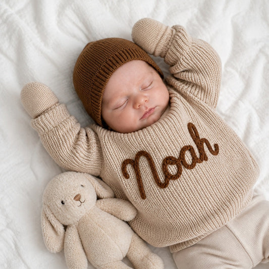 Pull bébé personnalisé en maille, prénom brodé main