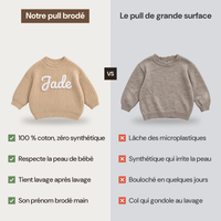 Pull bébé brodé main en coton comparé à un pull de grande surface