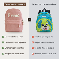 Sac à dos en velours côtelé personnalisé au prénom brodé main, comparé à un sac à dos de grande surface : matière, bretelles, entretien et prénom
