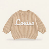 Pull bébé en maille épaisse beige, prénom Louise brodé main