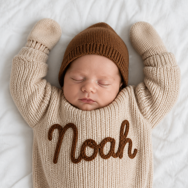 Pull bebe personnalise en maille, prenom Noah brode a la main
