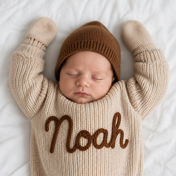 Pull bebe personnalise maille beige, prenom Noah brode main