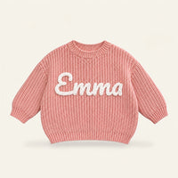 Pull bébé en maille épaisse rose, prénom Emma brodé main