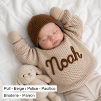 Pull Beige porte par bebe, prenom Noah, Broderie Marron