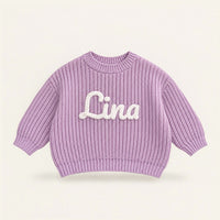 Pull bébé en maille épaisse violet, prénom Lina brodé main