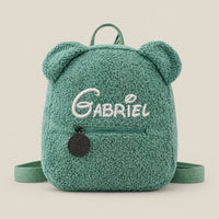 Sac à dos ourson vert, prénom Gabriel brodé main